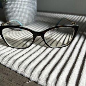 Tiffany & Co. Tortoise Cat-Eye Glasses with Gold Temples and Blue Inner Arms
